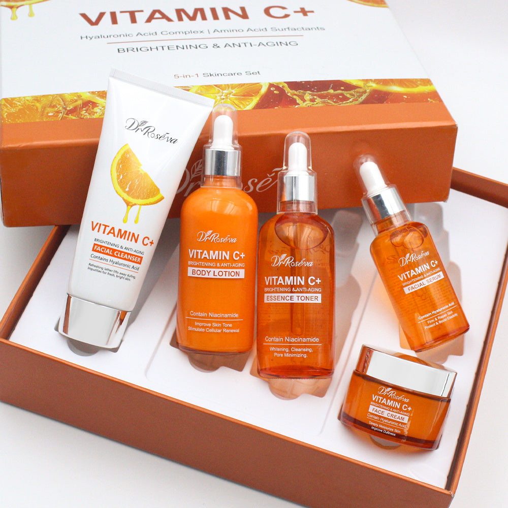 Dr.ROSEVA Private Label Natural Organic Anti Aging Products VC Vitamin C Facial Skincare Cream Serum Cleanser 5 Pieces Skin Care Set Skin Care Gift Kit
