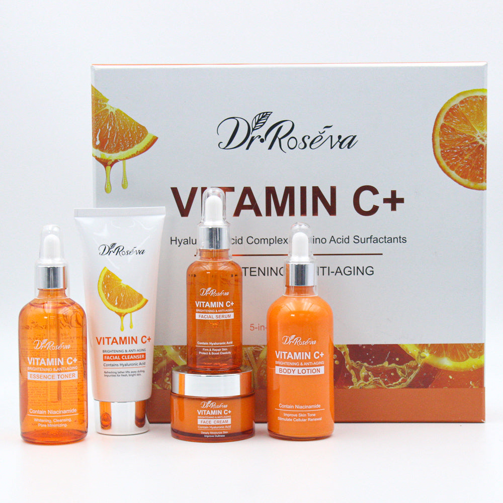 Dr.ROSEVA Private Label Natural Organic Anti Aging Products VC Vitamin C Facial Skincare Cream Serum Cleanser 5 Pieces Skin Care Set Skin Care Gift Kit